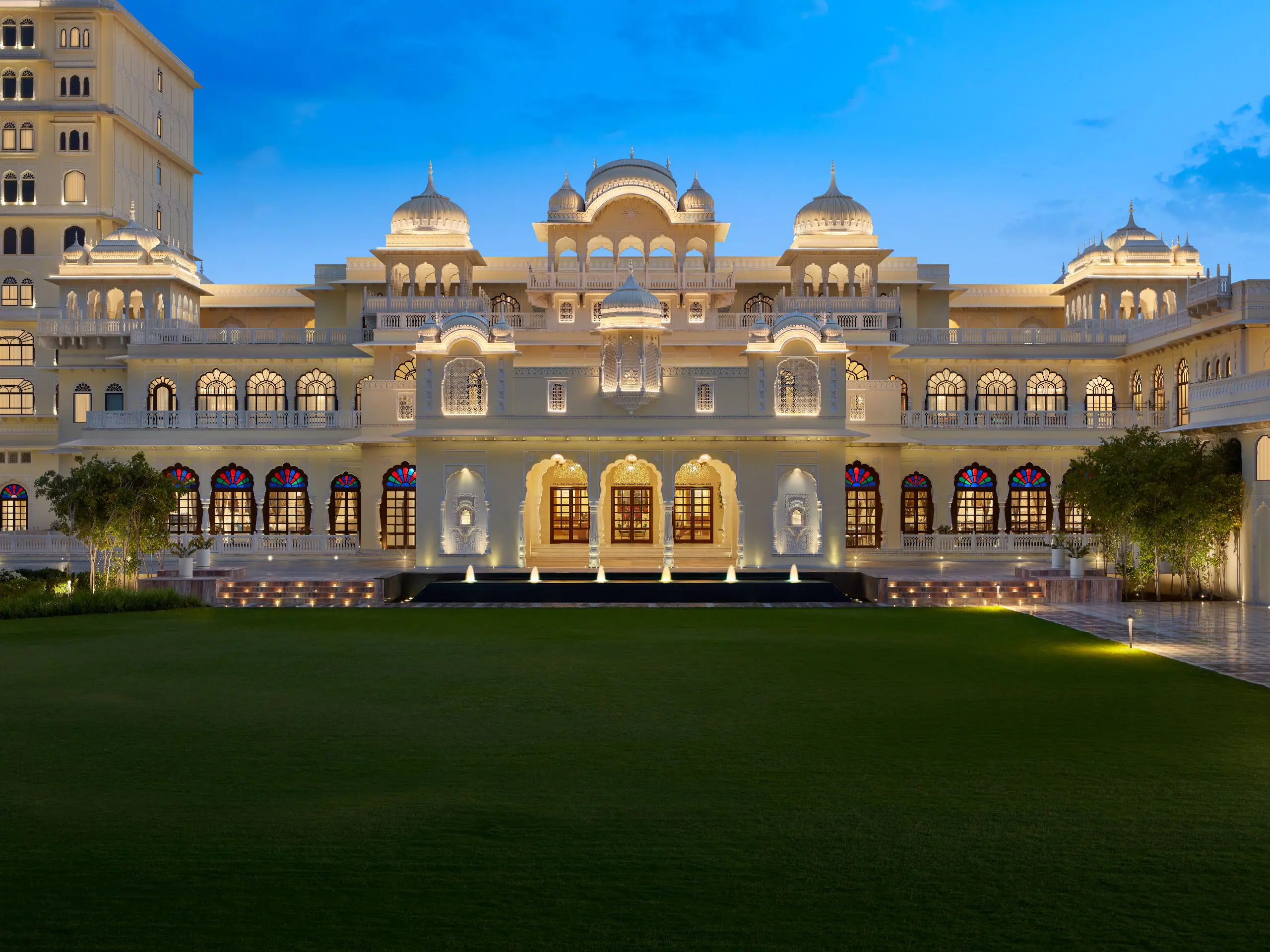 Luxurious modern hotel lobby with elegant seating and lighting